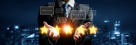 Business person analyzes customer experience satisfaction review data, striving to improve service...