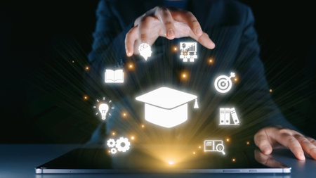 This image depicts a digital interaction showcasing the essence of online education. Hands emanate...