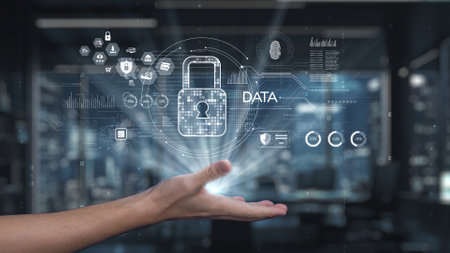 This image captures a hand presenting a digital padlock amidst futuristic data visualization,...