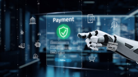 A futuristic robotic hand interacts with a digital payment interface, highlighting the significance...