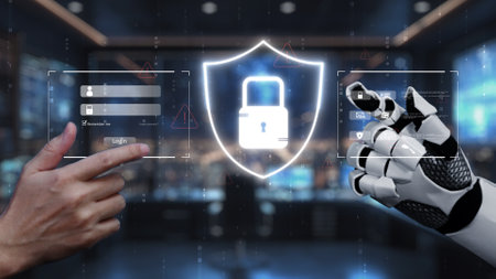 A captivating scene depicting a human hand and a robotic hand engaging with a digital security...