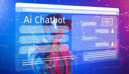A modern AI chatbot interface showcasing user interaction in a virtual reality setting, highlighting concepts of machine learning and data visualization.の写真素材