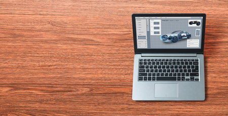 Electric car design software on computer screen showing simulation blueprint snugly by digital calculating application for manufacturing preparationの写真素材