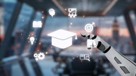 A futuristic robot hand reaching towards educational icons in a sleek office setting, illustrating the intersection of technology and learning in modern education systems.の写真素材