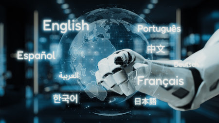 A futuristic robotic hand reaches towards a digital globe, surrounded by various language icons,...