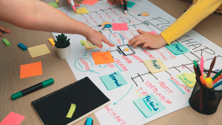 A vibrant workspace scene showcasing diverse hands pointing at a flowchart adorned with colorful...