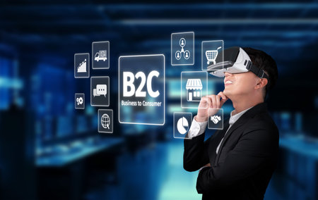 A man in a suit wearing a virtual reality headset engages with digital interfaces, exploring B2C strategies in a contemporary office. Ideal for marketing and technology themes.の写真素材