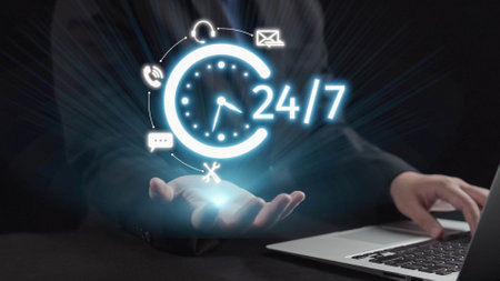 This image illustrates the concept of 24 hour availability in business through a digital clock and engaging communication icons, showcasing the importance of constant support.の写真素材