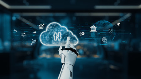 A robotic hand interacts with a digital cloud interface, showcasing various icons of technology and data in a modern office setting, symbolizing innovation and connectivity.の写真素材