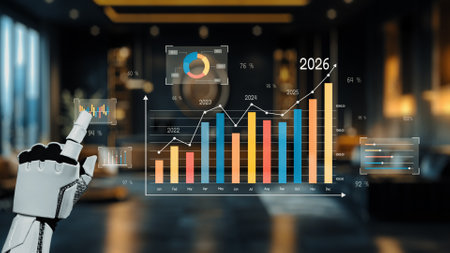 A futuristic robot hand engages with interactive charts and graphs within a sleek office, showcasing advanced data analysis and future business growth potential for 2026.の写真素材