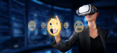 This image depicts a professional using virtual reality to engage with emotive feedback tools. It emphasizes client satisfaction and quality service evaluation in a digital environment.の写真素材