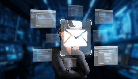 A modern representation of communication technology showcasing virtual reality elements, emphasizing the integration of email and digital interaction in business contexts.の写真素材