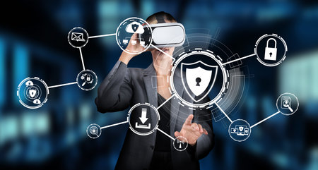 A businesswoman engages with virtual reality technology, illustrating concepts of cyber security and data privacy in an advanced digital landscape. Emphasizes safety and innovation.の写真素材
