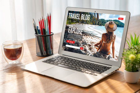 Online travel blog website provide travel tips and information on social media snugly where people can post, write and react to travel applicationの写真素材