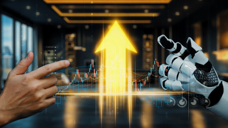 A human hand and a robotic hand point towards an upward growth chart, symbolizing the integration of technology in the finance sector with modern digital graphs.の写真素材
