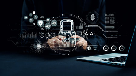 This image showcases a digital lock symbolizing data protection, enhanced by cybersecurity graphics, reflecting the importance of safety in modern technology and information management.の写真素材
