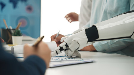 A robotic arm aids human colleagues in a modern workspace, demonstrating the integration of...