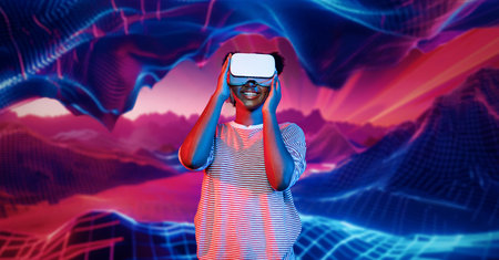 African girl with VR glasses plays video game while enters metaverse by using augmented reality...