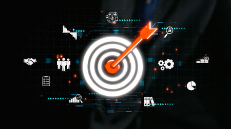 This image illustrates a business concept centered around a target, enhanced by digital icons representing analysis, strategy, and teamwork in a modern environment.の写真素材