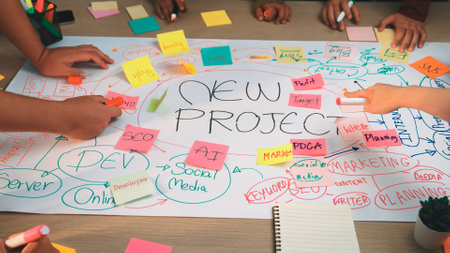 A dynamic brainstorming session showcases a diverse team working on a project map with colorful...