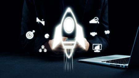 This image depicts a sleek rocket launching, surrounded by digital icons representing business...