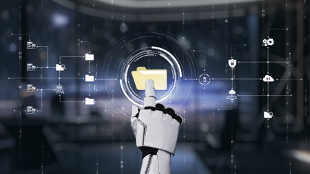 A close-up view of a robotic hand selecting a digital folder in a futuristic interface, representing...
