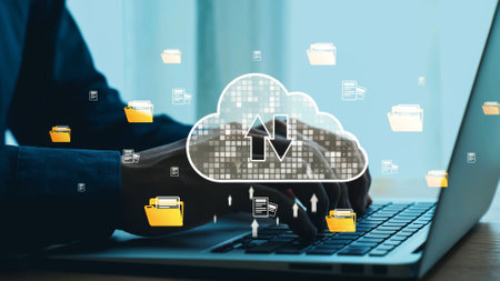 A person is typing on a laptop, surrounded by icons of cloud storage and file folders, representing...