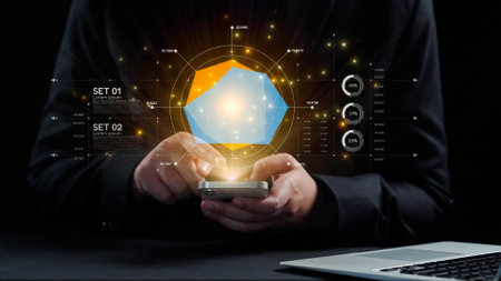 A user interacts with a smartphone displaying advanced data visualization while analyzing...