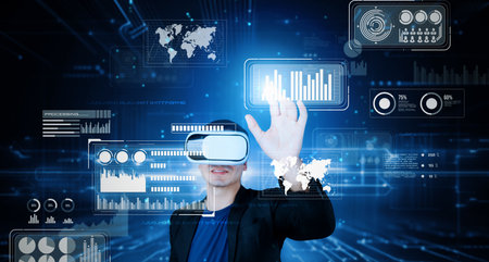 Smart business man with goggles working while using AI technology. Manager accessing at global...
