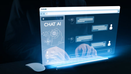 This image showcases a futuristic chat interface powered by AI technology. The visual highlights user interaction on a transparent screen, emphasizing innovation in digital communication.の写真素材