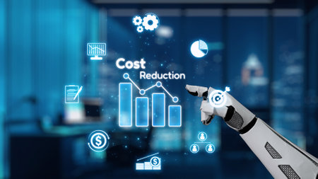 A robotic hand is interacting with floating digital symbols and graphs representing cost reduction...