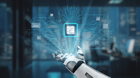 A futuristic robot hand extends towards a glowing central processing unit surrounded by digital...