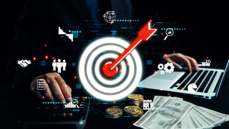 A modern business scene showcasing a target symbolizing strategy and success, alongside money and...