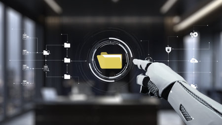 A robotic arm targets a digital folder within a sleek office environment, visually representing the...