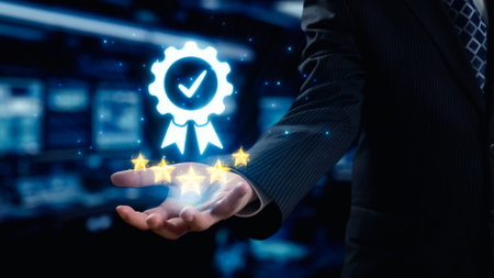 A businessman presents a digital badge symbolizing quality assurance and customer satisfaction. This image captures modern corporate values, emphasizing achievement and trust.の写真素材