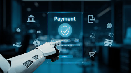 A futuristic robotic hand points at a secure digital payment interface in a modern financial...