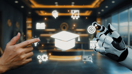 A futuristic educational scene depicting a human hand alongside a robotic hand engaging with digital icons representing learning concepts and technology in a modern workspace.の写真素材