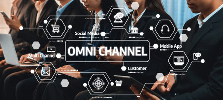 A group of professionals engaged in a meeting discussing omni-channel marketing strategies, surrounded by digital graphics showing modern business tools and social media.の写真素材