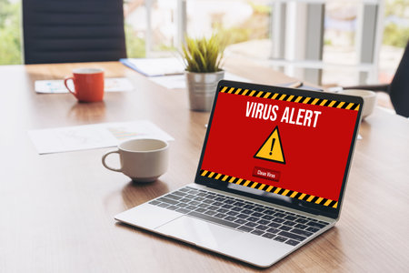 Virus warning alert on computer screen detected modish cyber threat , hacker, computer virus and malwareの写真素材