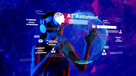 Explore a vibrant visualization of an AI assistant concept, showcasing human interaction, global...