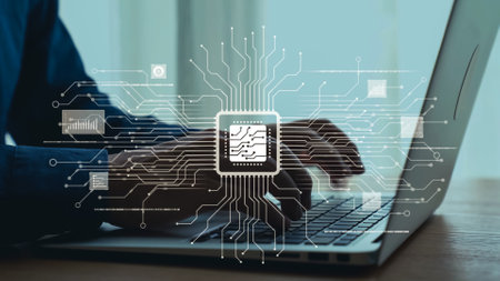A close-up view of hands typing on a laptop surrounded by digital circuit graphics that symbolize...