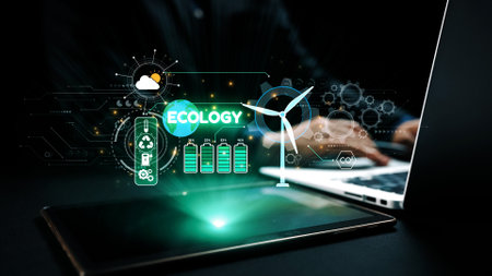 This image showcases digital graphics illustrating ecology and renewable energy concepts displayed...