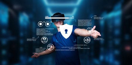 A young professional enthusiastically showcases virtual reality technology in a modern business...