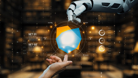 A robotic hand reaches out towards a glowing data visualization, symbolizing the merging of technology and human interaction in a modern workspace filled with innovation.の写真素材