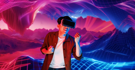 Man with casual cloth playing video game while wearing VR headset and standing at abstract...