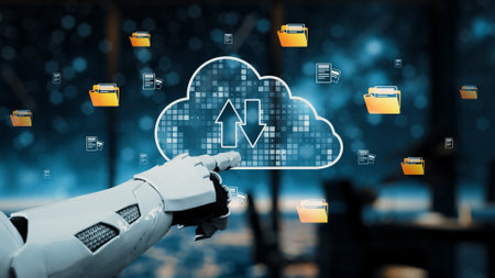 A robotic hand points to a digital cloud storage symbol, illustrating the concept of cloud data interaction with file icons appearing in a high-tech setting.の写真素材