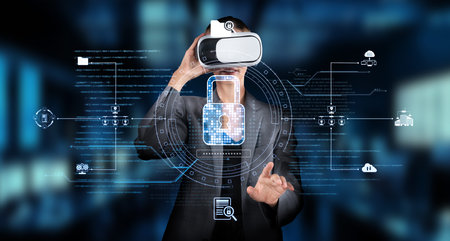 A professional engages in virtual reality technology, exploring cyber security measures and data...