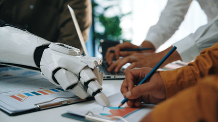 A modern workspace scene showcasing a robotic hand assisting in brainstorming activity. The image...