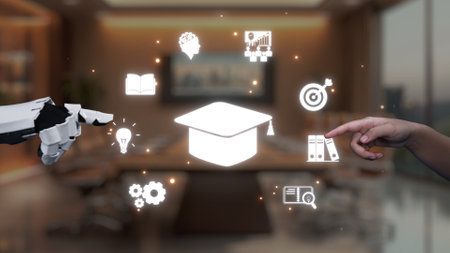 This image illustrates the intersection of artificial intelligence and education through digital concepts. It highlights innovative skills and collaboration in a contemporary workspace.の写真素材