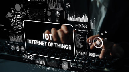 Hands on Keyboard with IOT Interface Displaying Data Analytics and Internet of Things Concepts in...